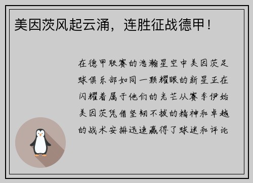 美因茨风起云涌，连胜征战德甲！